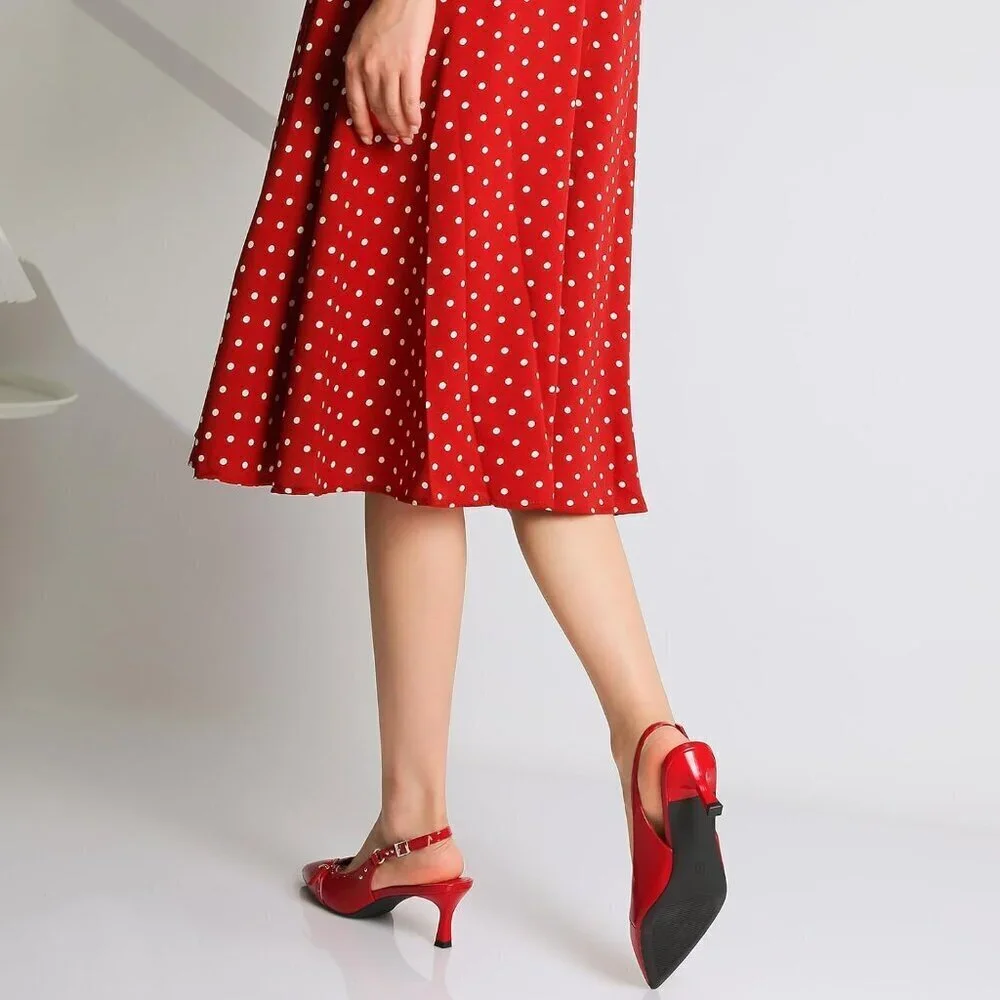Women's Red 1 Pointed Closed Toe Slingback Kitten Heels Pumps Party Shoes